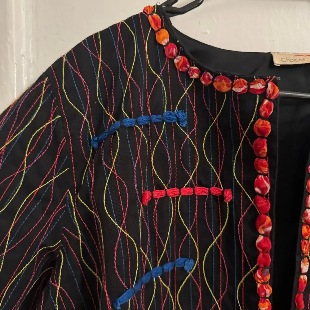 Multicolored Embroidery Boho‎ Bohemian Indie Artsy Teacher Black Blazer